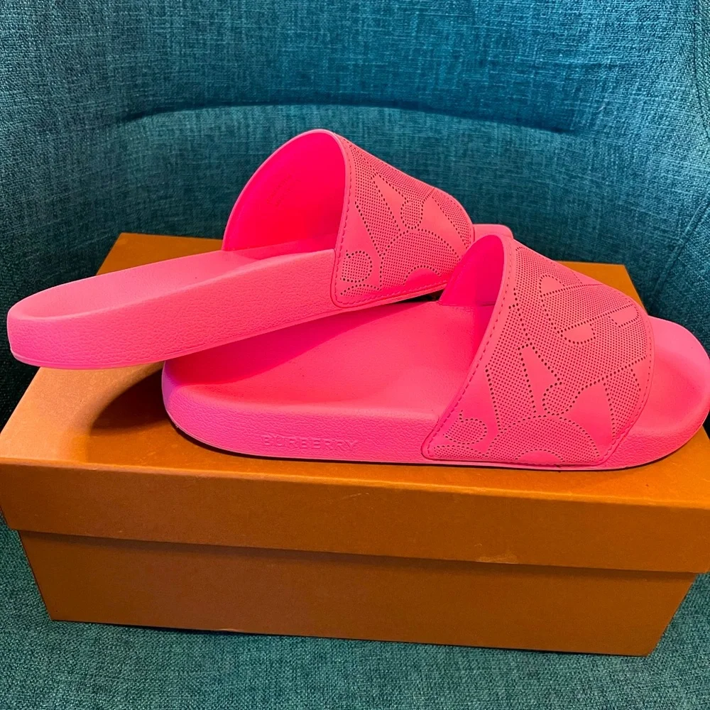 Pink Burberry Monogram Furley Slides. - Picture 2 of 6
